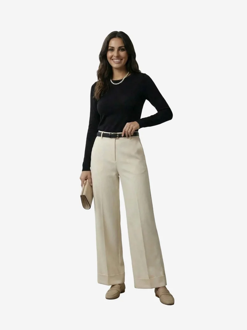ماي فاشن MY FASHION Belted Turnup Leg Pleated Trousers
