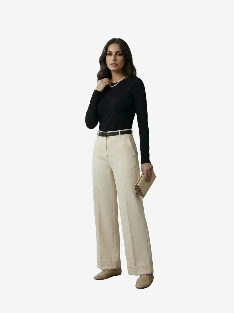 My Fashion Stone Natural MY FASHION Belted Turnup Leg Pleated Trousers for Women | Best Price UAE