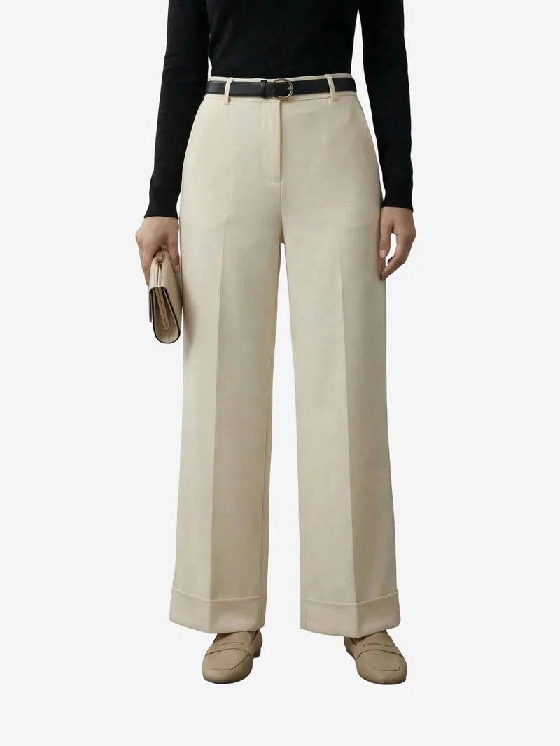 My Fashion Stone Natural MY FASHION Belted Turnup Leg Pleated Trousers for Women | Best Price UAE