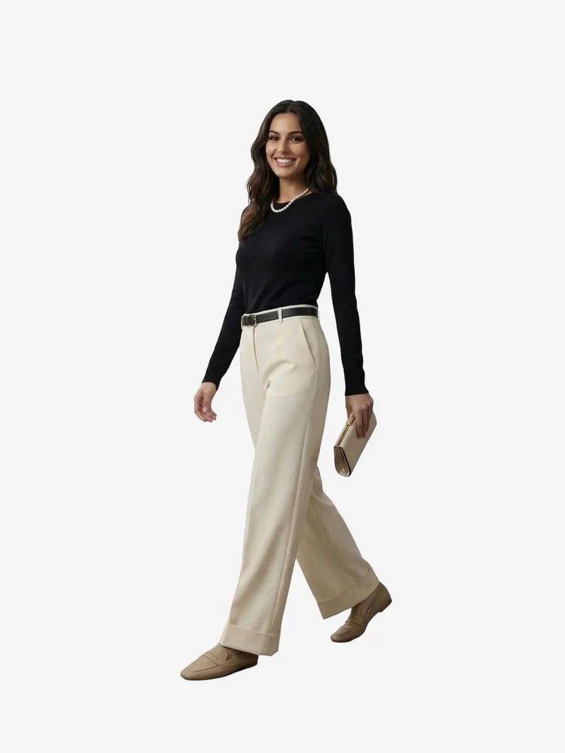 ماي فاشن MY FASHION Belted Turnup Leg Pleated Trousers