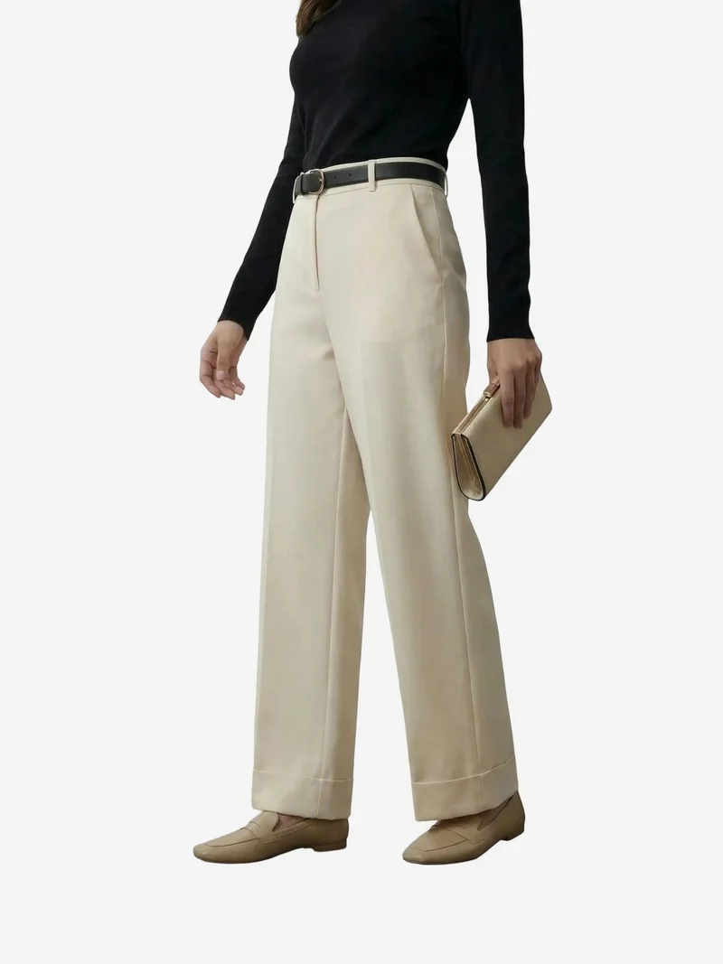 My Fashion Stone Natural MY FASHION Belted Turnup Leg Pleated Trousers for Women | Best Price UAE