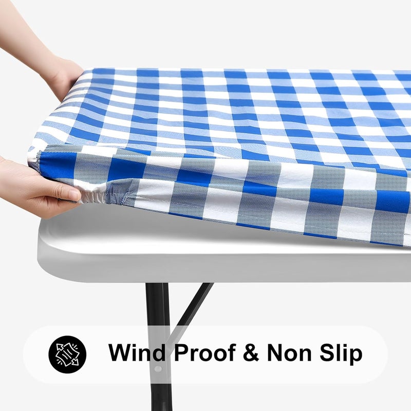 smiry Rectangle Picnic Table Cloth, Elastic Waterproof Fitted Vinyl Tablecloth for 6 FT Tables, Flannel Backed Buffalo Plaid Table Covers for Dining, Camping, Outdoor (White and Blue, 30" x 72") - Image 2