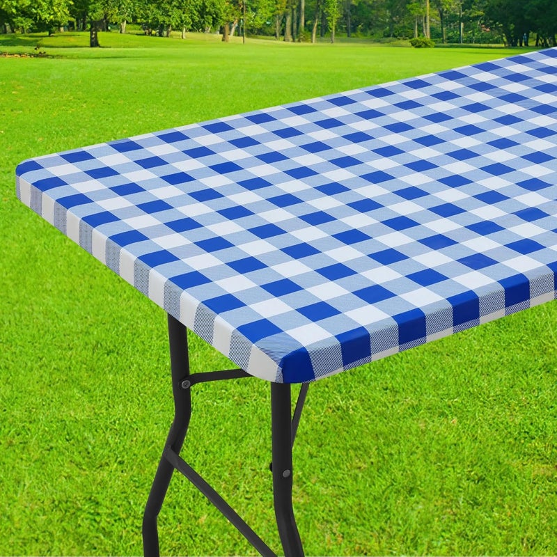 smiry Rectangle Picnic Table Cloth, Elastic Waterproof Fitted Vinyl Tablecloth for 6 FT Tables, Flannel Backed Buffalo Plaid Table Covers for Dining, Camping, Outdoor (White and Blue, 30" x 72") - Image 1