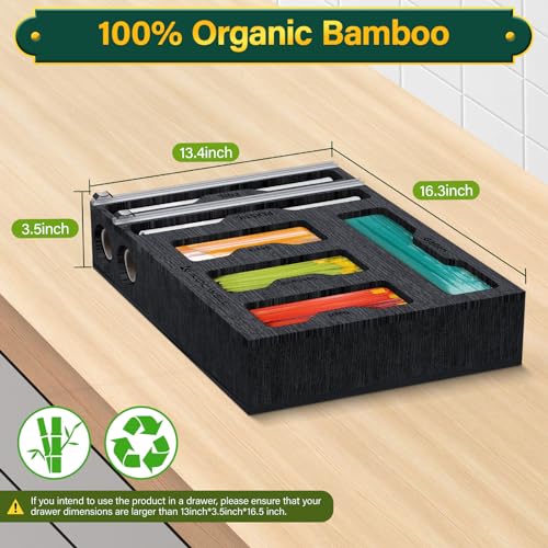 KOCWELL منظم حقيبة KOCWELL وموزع لف البلاستيك مع قاطع، 6 في 1 منظم ورق الألمنيوم ولف البلاستيك من الخيزران للمطبخ، منظم أكياس تخزين الطعام - Image 2