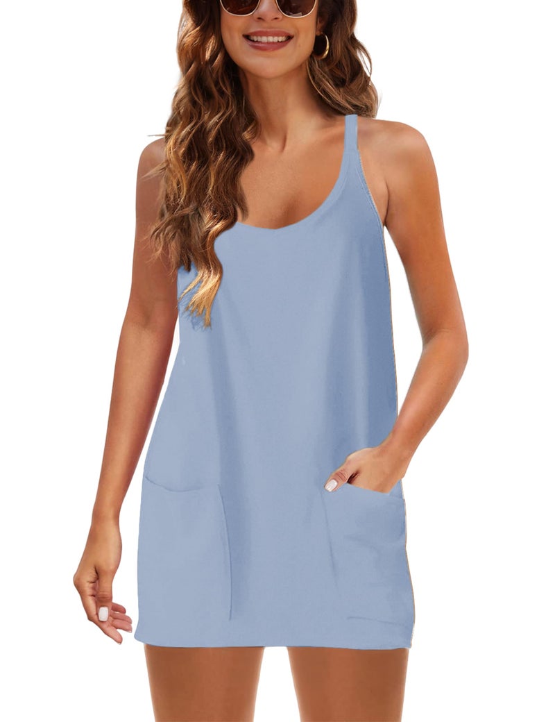 Lentta Womens Athletic Sleeveless Mini Dress with Built-in Shorts V Neck Spaghetti Strap Sundress(OxygenBlue-S) - Image 3