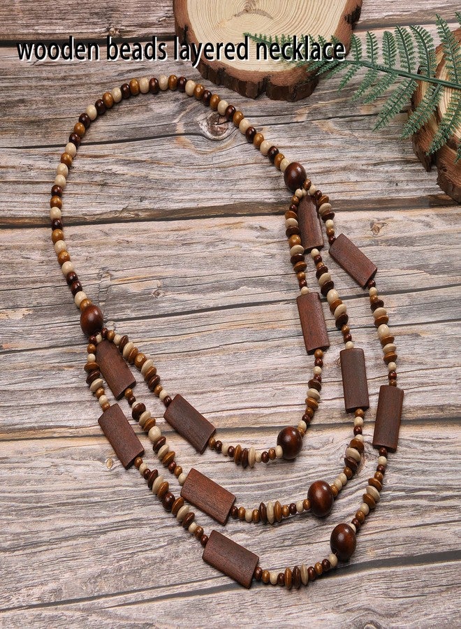 MILAKOO Wooden Beads Pendant Earrings Multilayered Necklace for Women Ethnic Style Chunky Country-Chic Outfits - Image 2