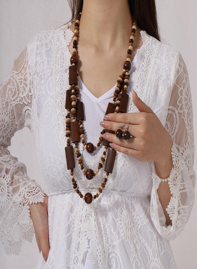 MILAKOO Wooden Beads Pendant Earrings Multilayered Necklace for Women Ethnic Style Chunky Country-Chic Outfits - Image 5
