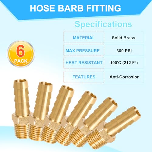 Dmikcav 6 Pcs Brass Hose Fittings, 1/4 NPT to 3/8 Barb, Barbed Hose Fittings, Male Thread Hose Barb Adapter Connector, Hose Barb Fittings - Image 5
