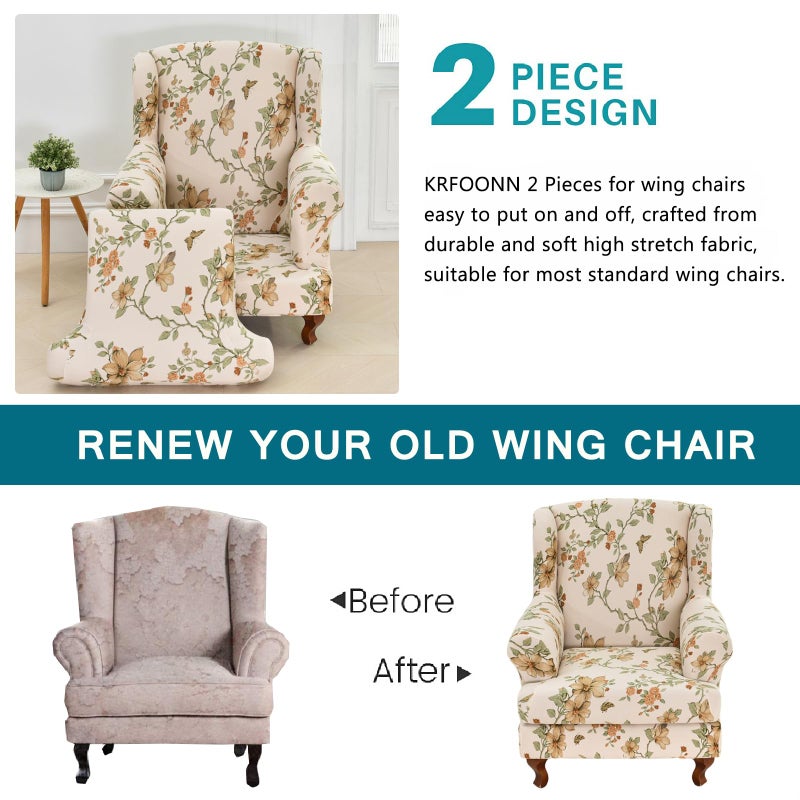 KRFOONN Wingback Chair Covers Slipcovers 2 Piece Stretch Wing Chair Covers Spandex Slipcovers Wingback Sofa Covers Armchair Covers Non-Slip Furniture Protector for Living Room Wingback Chairs, A24 - Image 4