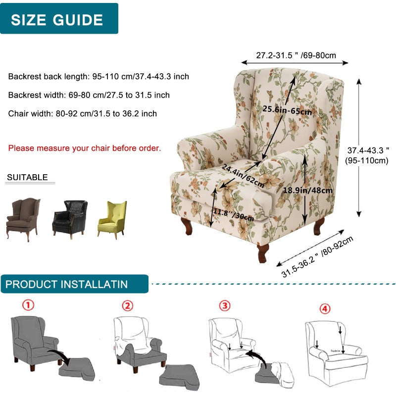 KRFOONN Wingback Chair Covers Slipcovers 2 Piece Stretch Wing Chair Covers Spandex Slipcovers Wingback Sofa Covers Armchair Covers Non-Slip Furniture Protector for Living Room Wingback Chairs, A24 - Image 2