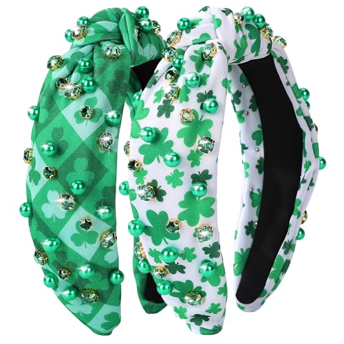 winthrop 2 Pack St Patricks Day Headband for Women Clover Print Pearl Rhinestone Crystal Jeweled Embellished Ladies Wide Top Knot Green White Makeup Hair Hoop Accessory Holiday Party Costume Decor Prezzie - Image 1