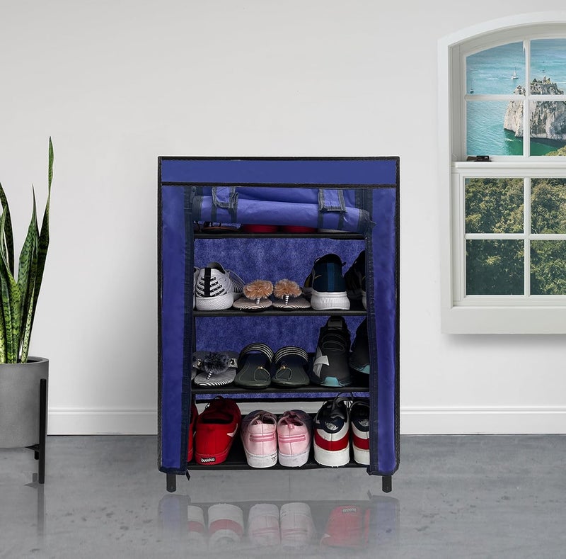 PHILOSHOP PHILOSHOP Premium 4Tiers Shoe RackMultipurpose Storage Rack with Dustproof Cover Iron Pipes Non Woven Fabric Plastic Connector DIY Dark Blue - Image 1
