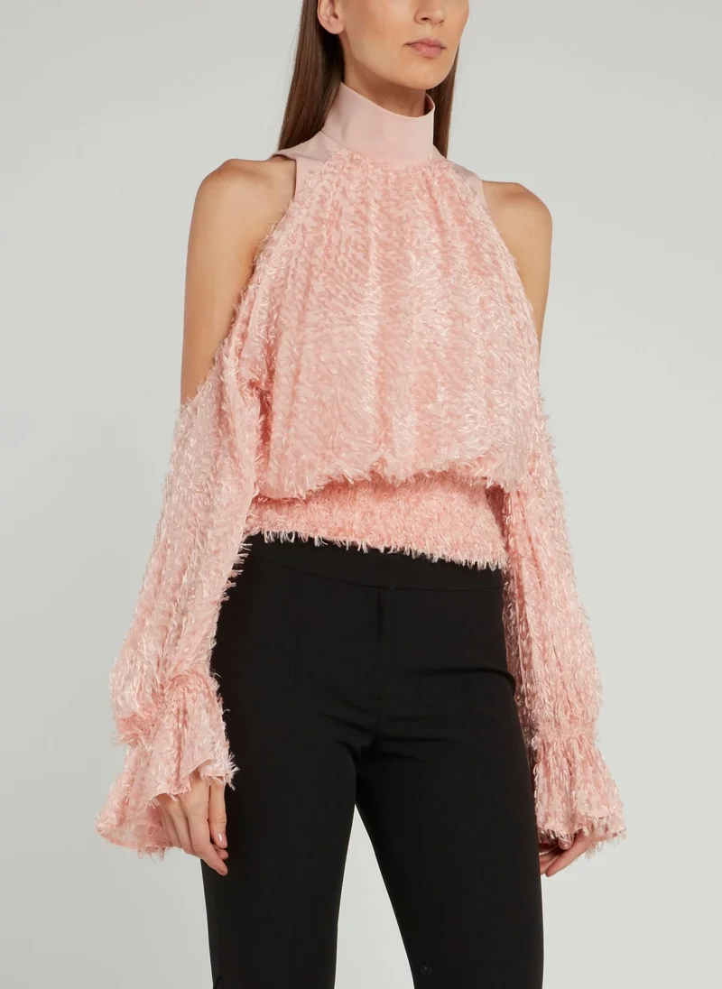 Avaro Figlio Pink Cold Shoulder Fur Top