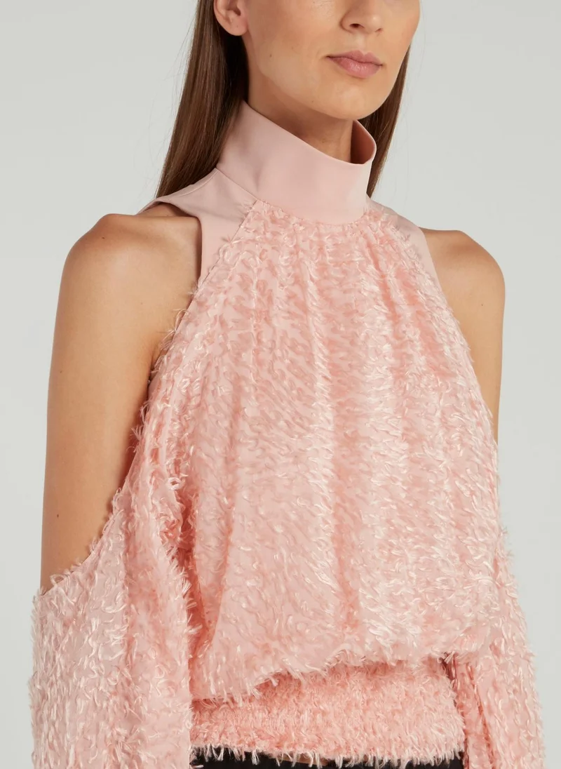 Avaro Figlio Pink Cold Shoulder Fur Top