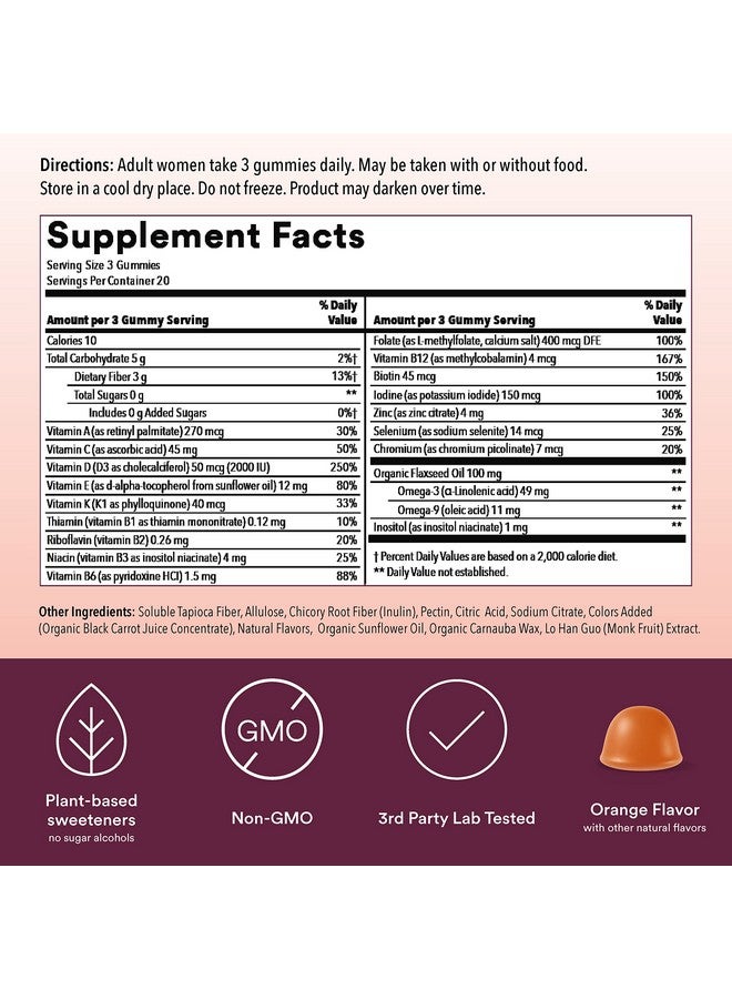 SmartyPants Vitamin Gummies For Women Sugar Free Gummies With Vitamin D3 K B12 Zinc & Folate Omega 3 Ala From Flaxseed Oil Erythritol Free No Sugar Alcohols (60 Gummies) 20 Day Supply - Image 3