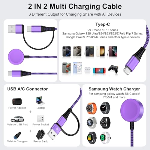Pukiou Travel Essentials 2 in 2 USB A/USB C Cable for Samsung Watch Charger, Multi Charging Cable Cord Compatible Galaxy Watch 8/8 Classic/7/Ultra/6/5 Pro/5,for Galaxy A17/A36/A56/Z Fold /S25 Android-6FT - Image 4