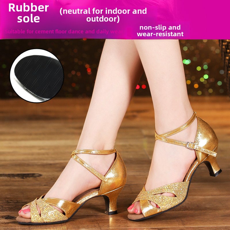 Generic 2021 Ladies Latin Dance Shoes Mid-Heel Sandals for Summer Gold 5.5CM rubber bottom