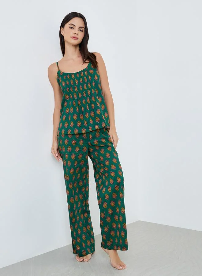 Styli Floral Pleated Cotton Cami and Wide Leg Pyjama Set