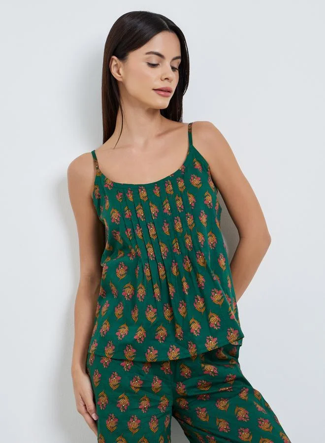 Styli Floral Pleated Cotton Cami and Wide Leg Pyjama Set