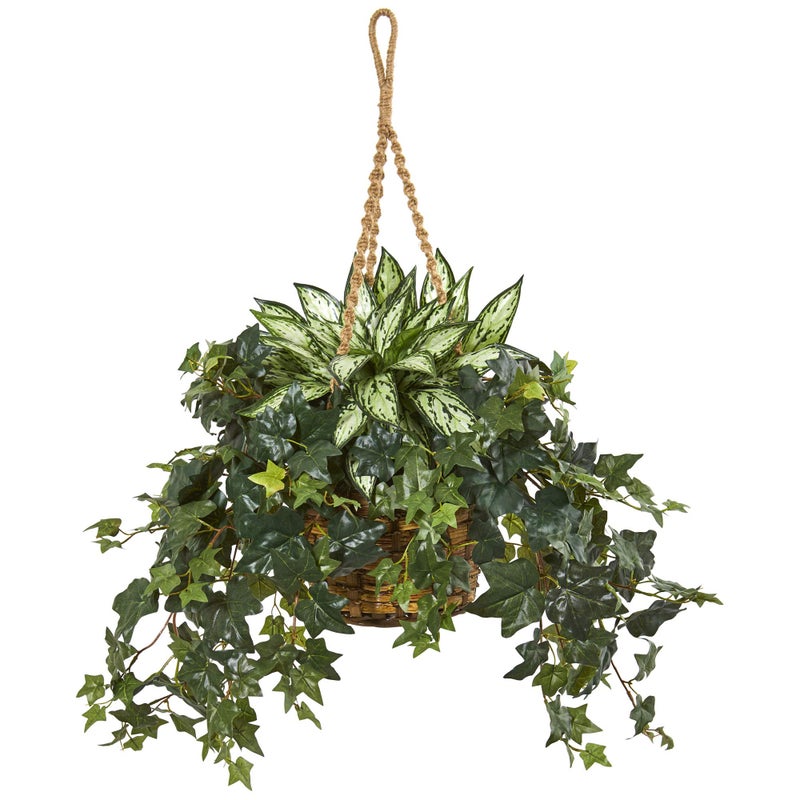 Nearly Natural Nearly Natural 30in Silver Queen and Ivy Artificial Plant in Hanging Basket 