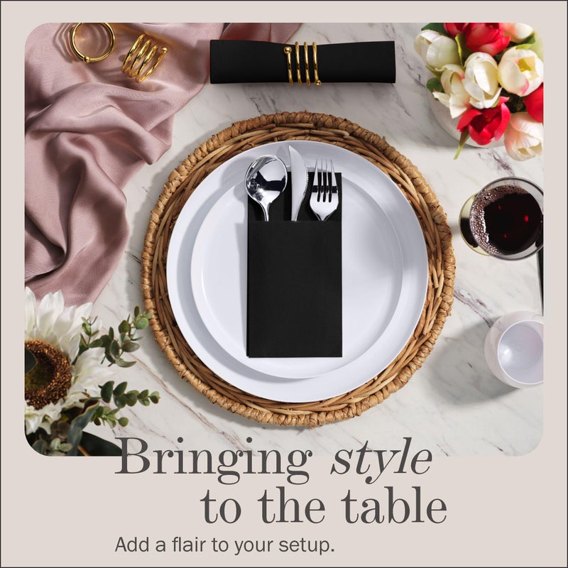 NAPEREE 100-Pack Disposable Napkins With Pocket For Flatware, Black Napkins Paper For Wedding, Dinner Or Party, Built-In Pocket For Silverware, Prefolded - Image 2
