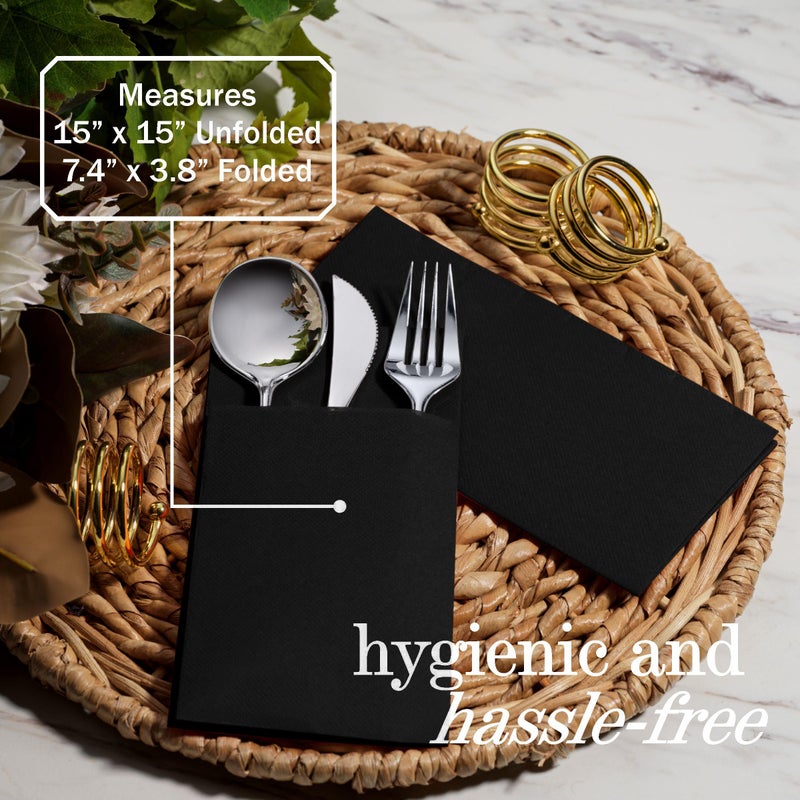 NAPEREE 100-Pack Disposable Napkins With Pocket For Flatware, Black Napkins Paper For Wedding, Dinner Or Party, Built-In Pocket For Silverware, Prefolded - Image 4