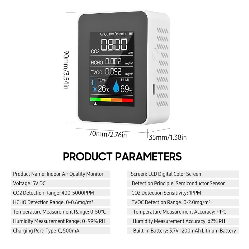 5 In 1 Air Quality Monitor: White Rechargeable LCD Color Screen - Quick Accurate Detection CO2 Monitor for Home Office Classroom Gym Warehouse - Image 3