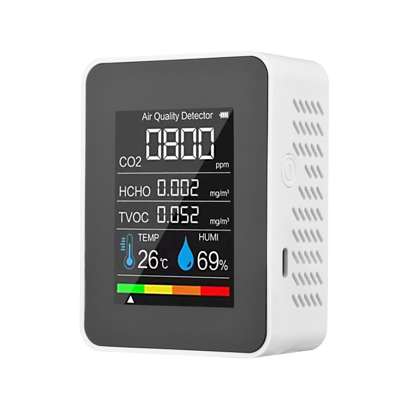 5 In 1 Air Quality Monitor: White Rechargeable LCD Color Screen - Quick Accurate Detection CO2 Monitor for Home Office Classroom Gym Warehouse - Image 1