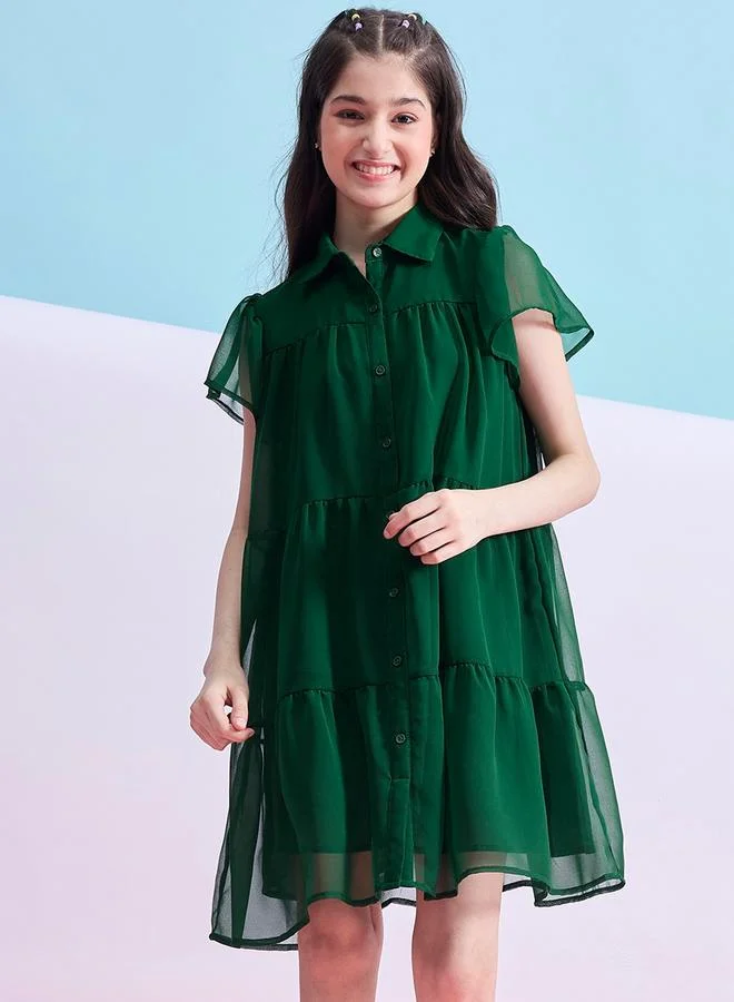 Stylo Bug Solid Tiered Mini Dress with Short Sleeves by Styli