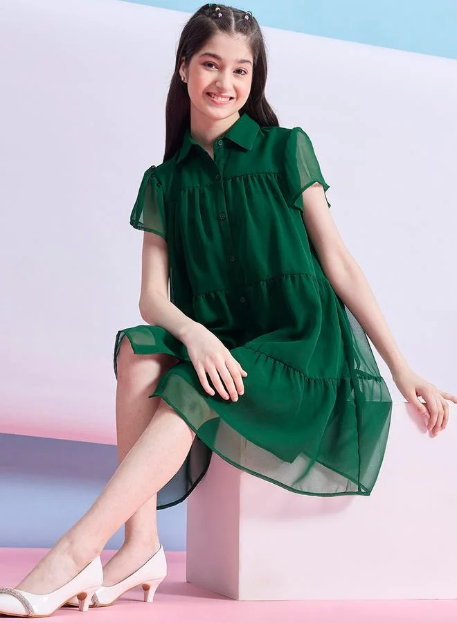 Stylo Bug Solid Tiered Mini Dress with Short Sleeves by Styli