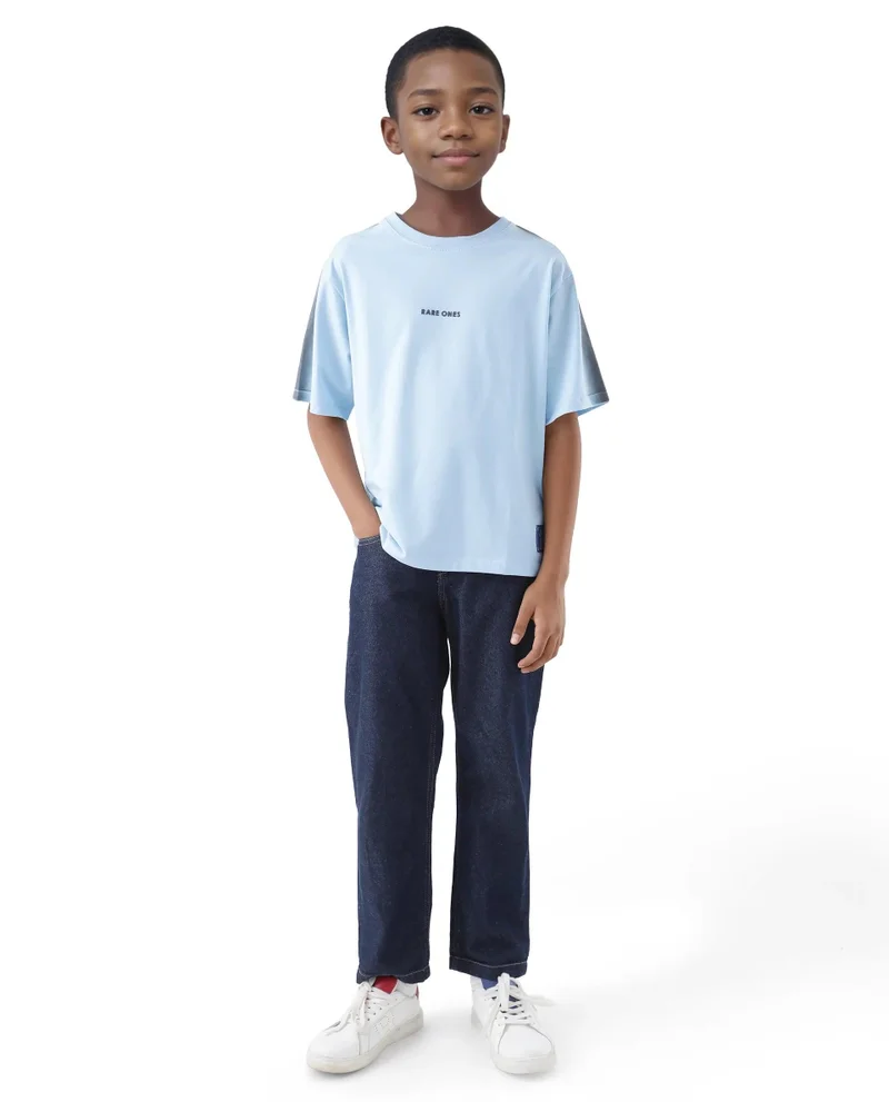 Rare Ones Rare Ones Kids Kruv-K Blue Cotton Blend Short Sleeve Crew Neck Printed Boxy T-Shirt