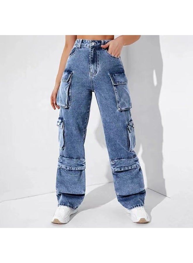 Source Factory Women's Jeans Covers High Waist Flip Pocket Women's Pants Loose Fit Women's Pants 
