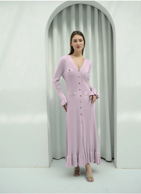 2330 | Elegant Button-Down Ribbed Knit Maxi Dress with Flared Cuffs and Ruffle Hem - Stylish and Comfortable | Pink
