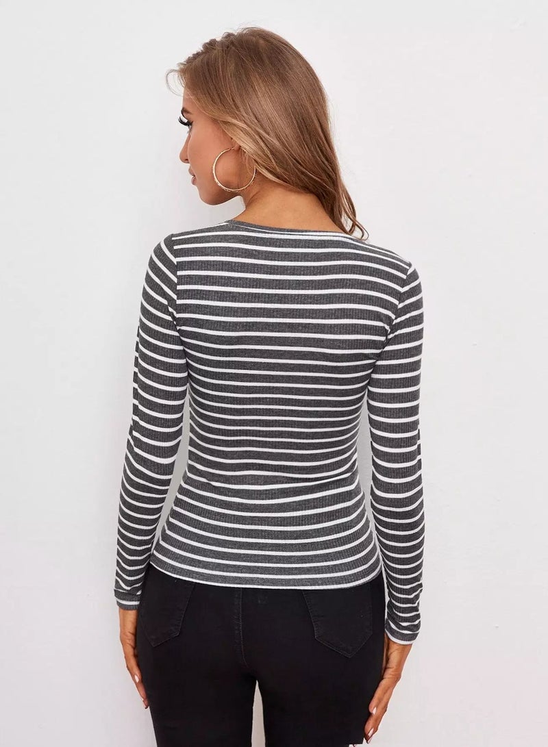 Button Half Placket Striped Tee  - Image 2