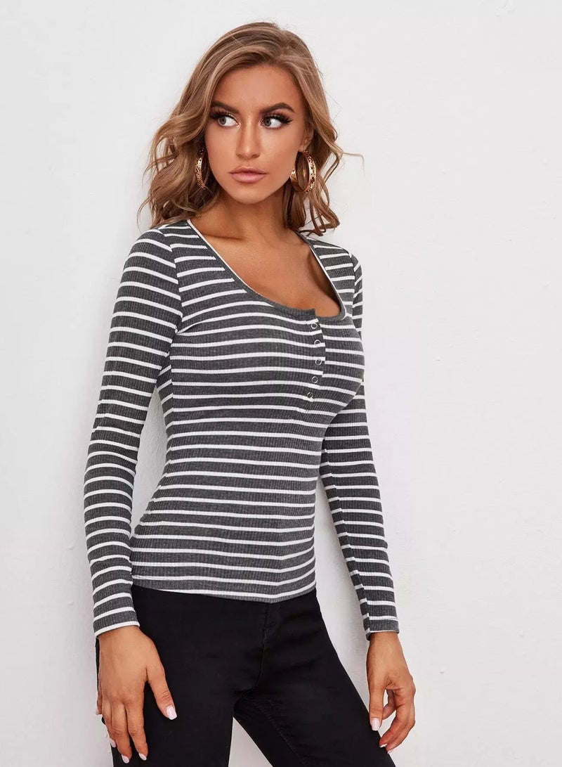 Button Half Placket Striped Tee  - Image 4