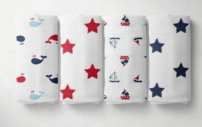 Bacati Set of 4 Little Sailor Muslin Swaddling Blankets BlueRed
