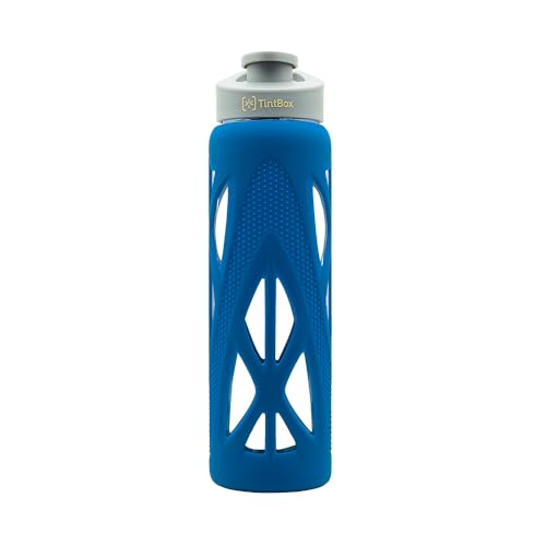 TintBox Borosilicate Glass Water Bottle with Silicone Sleeve | as seen on Shark Tank | perfect for Office, Home, Fridge, Gym, Travel | BPA Free | Power Blue | 750ml - Image 1