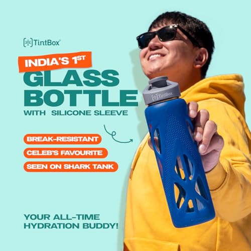 TintBox Borosilicate Glass Water Bottle with Silicone Sleeve | as seen on Shark Tank | perfect for Office, Home, Fridge, Gym, Travel | BPA Free | Power Blue | 750ml - Image 5