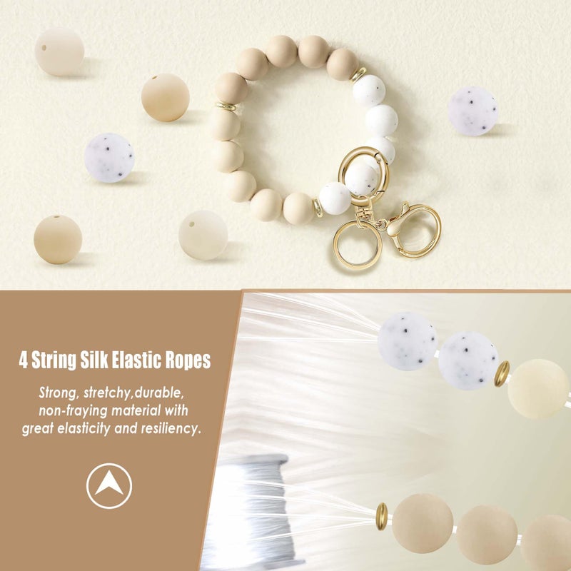 M-Plateau Wristlet Keychain, Silicone Beaded Wrist keychain with Key Ring for Women, Elastic Keychain Bracelet (Beige White) - Image 3