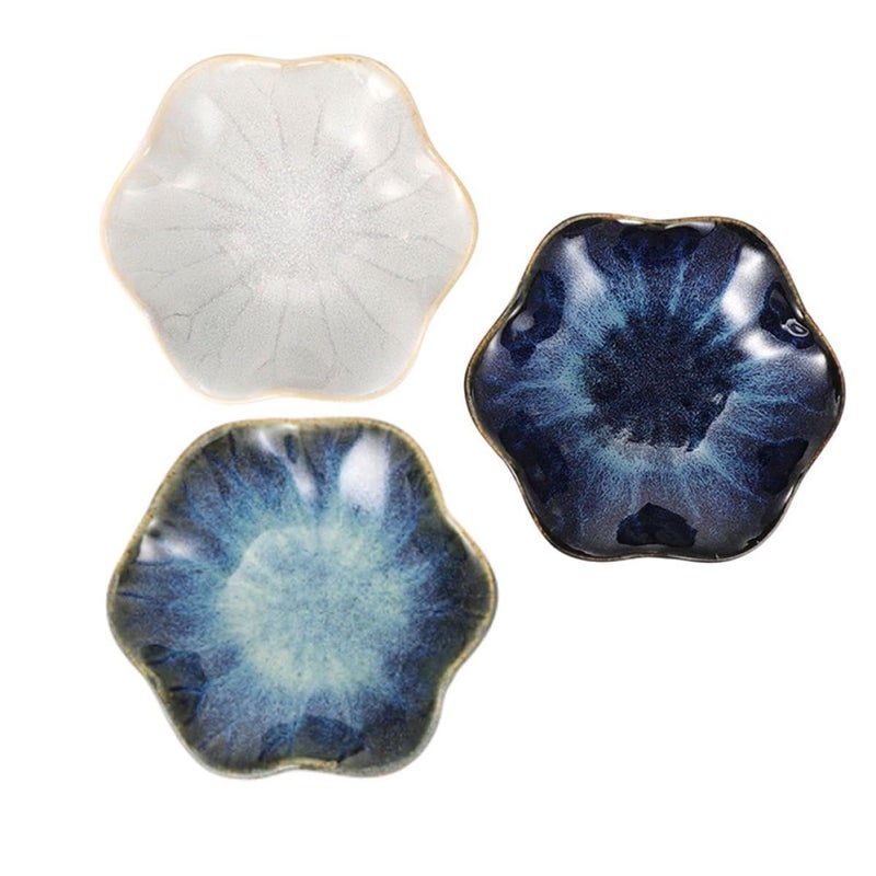 3 Ceramic Gradient Blue Sauce Dipping Plates Set Lotus Leaf Shape Appetizer Dishes - Image 2