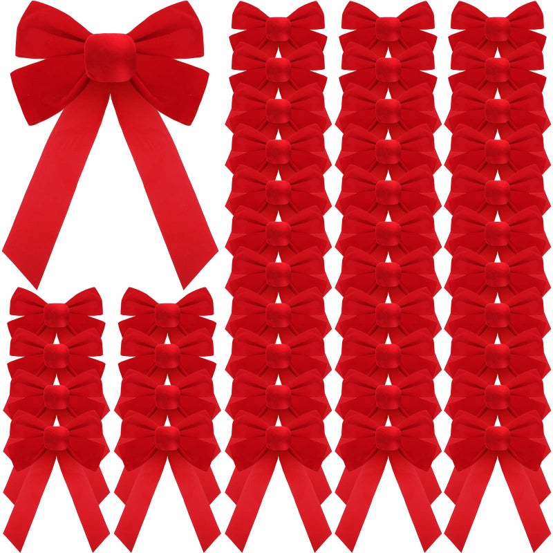 Janinka 50 Pcs Large Velvet Red Christmas Bow 13 x 9 Christmas Tree Bows Wreath Ornaments Xmas Tree Topper Rustic Vintage Ribbon for Garland Holiday Gift Wrapping Home Decor - Image 2