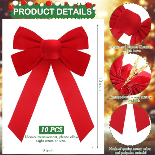 Janinka 50 Pcs Large Velvet Red Christmas Bow 13 x 9 Christmas Tree Bows Wreath Ornaments Xmas Tree Topper Rustic Vintage Ribbon for Garland Holiday Gift Wrapping Home Decor - Image 3