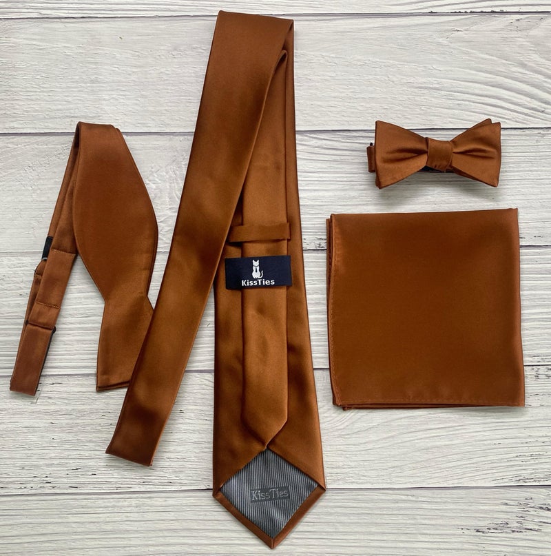 KissTies Rust Tie Dark Burnt Orange Solid Satin Necktie Wedding Ties + Gift Box - Image 4