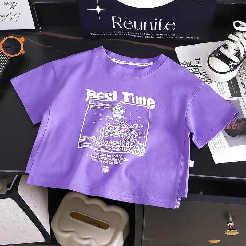 New Chinese Style National Style Baby'S Top Children'S Wear T-Shirt Western Style Half Sleeve Printed Slip Shoulder Children'S T-Shirt New Summer Short Sleeve - Image 1