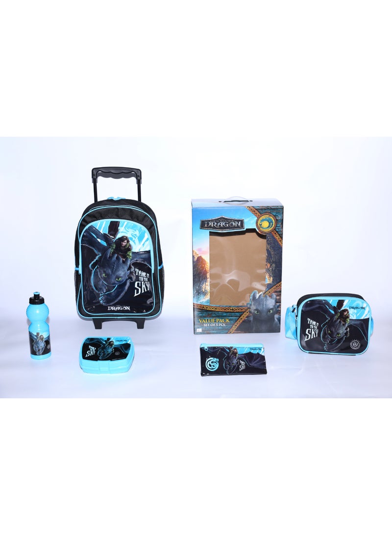 How To Train Your Dragon: Live Action 5 in 1 Value Pack (16" Trolley Bag with Lunch Box, Lunch bag, Water Bottle and Pencil Case) - Image 1