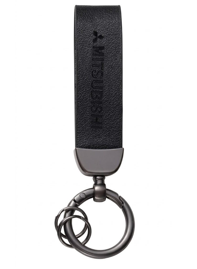 Mitsubishi car keychain with padded strap and gold key ring, black color