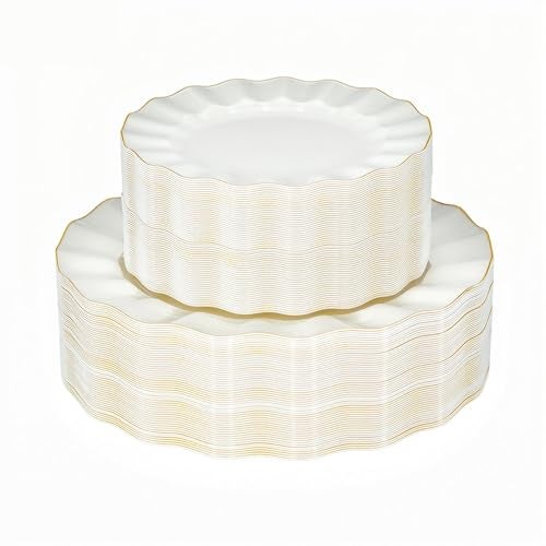 QualQuot 120PCS Ivory White Plastic Plates, Heavy Duty Disposable Party Plate with Gold Rim, Fancy 60 Dinner & 60 Dessert Plates for Parties and Wedding - Image 1