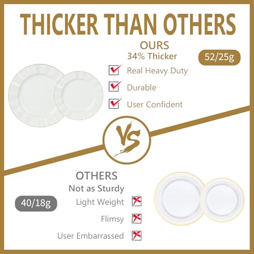 QualQuot 120PCS Ivory White Plastic Plates, Heavy Duty Disposable Party Plate with Gold Rim, Fancy 60 Dinner & 60 Dessert Plates for Parties and Wedding - Image 4