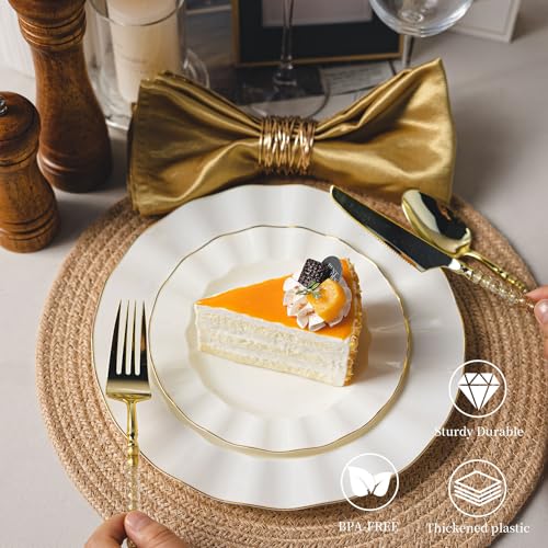 QualQuot 120PCS Ivory White Plastic Plates, Heavy Duty Disposable Party Plate with Gold Rim, Fancy 60 Dinner & 60 Dessert Plates for Parties and Wedding - Image 5