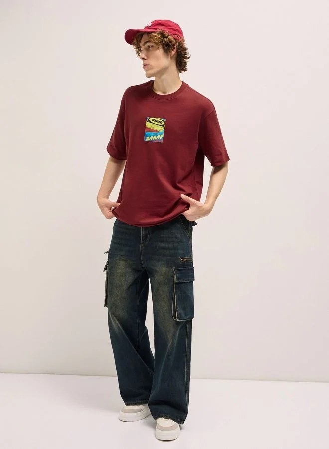 THE BEAR HOUSE Men's Red Oversize Graphic Printed Crew Neck T-shirt Perfect For Casual Wear, Gym, Travel, Or Layering Stylish And Versatile Essential For Every Wardrobe